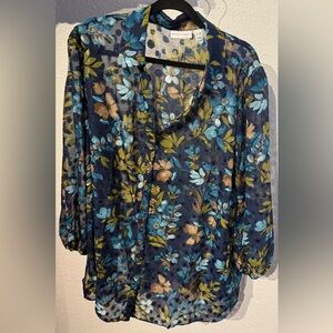 Susan Graver Floral Sheer Blouse - Blue and Green Size 3X P
